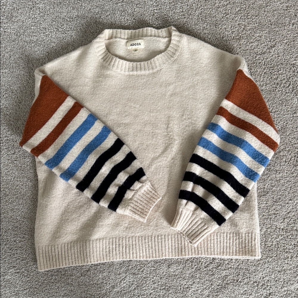 ADORA Women's Cream Sweater with Multicolor Striped Sleeves